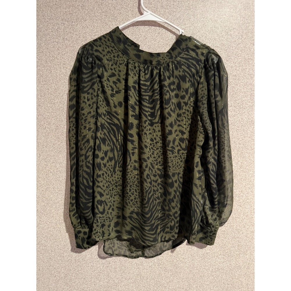 Another Love Olive Green Animal Print Metallic Stripe Puff Sleeve Blouse L
